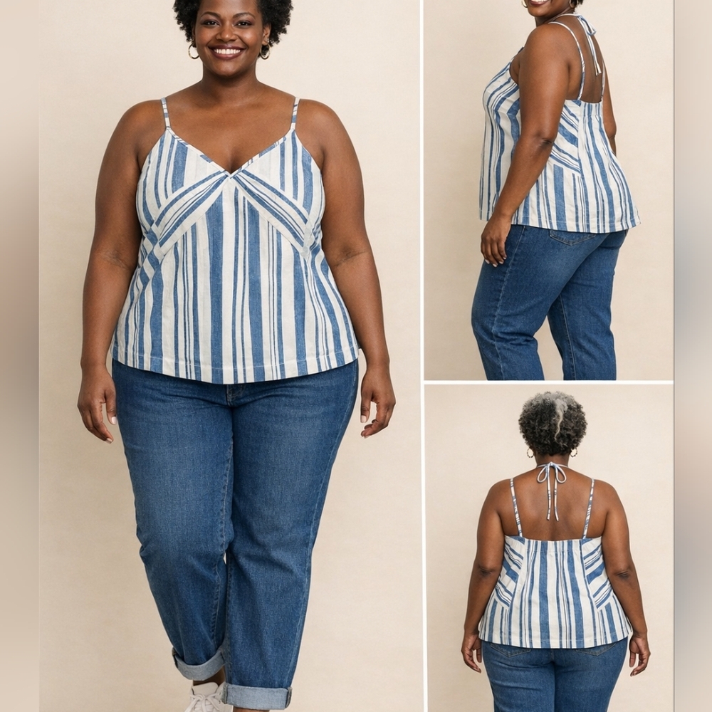 XXL Universal Thread Striped Blue White Spaghetti Strap Tank Top Camisole XXL